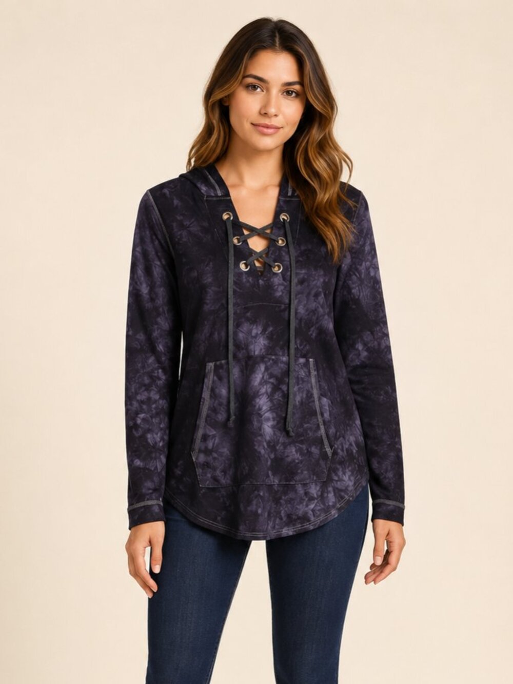 A277 • Navy Tie-Dye Lace-Up Hooded Top